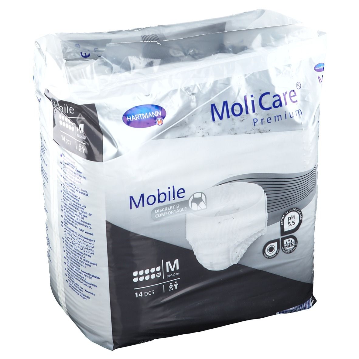 Confezione MoliCare Mobile. Marchio Hartmann. Nome prodotto Mobile. Taglia M. Contenuto: 14 pezzi. pH 5,5.