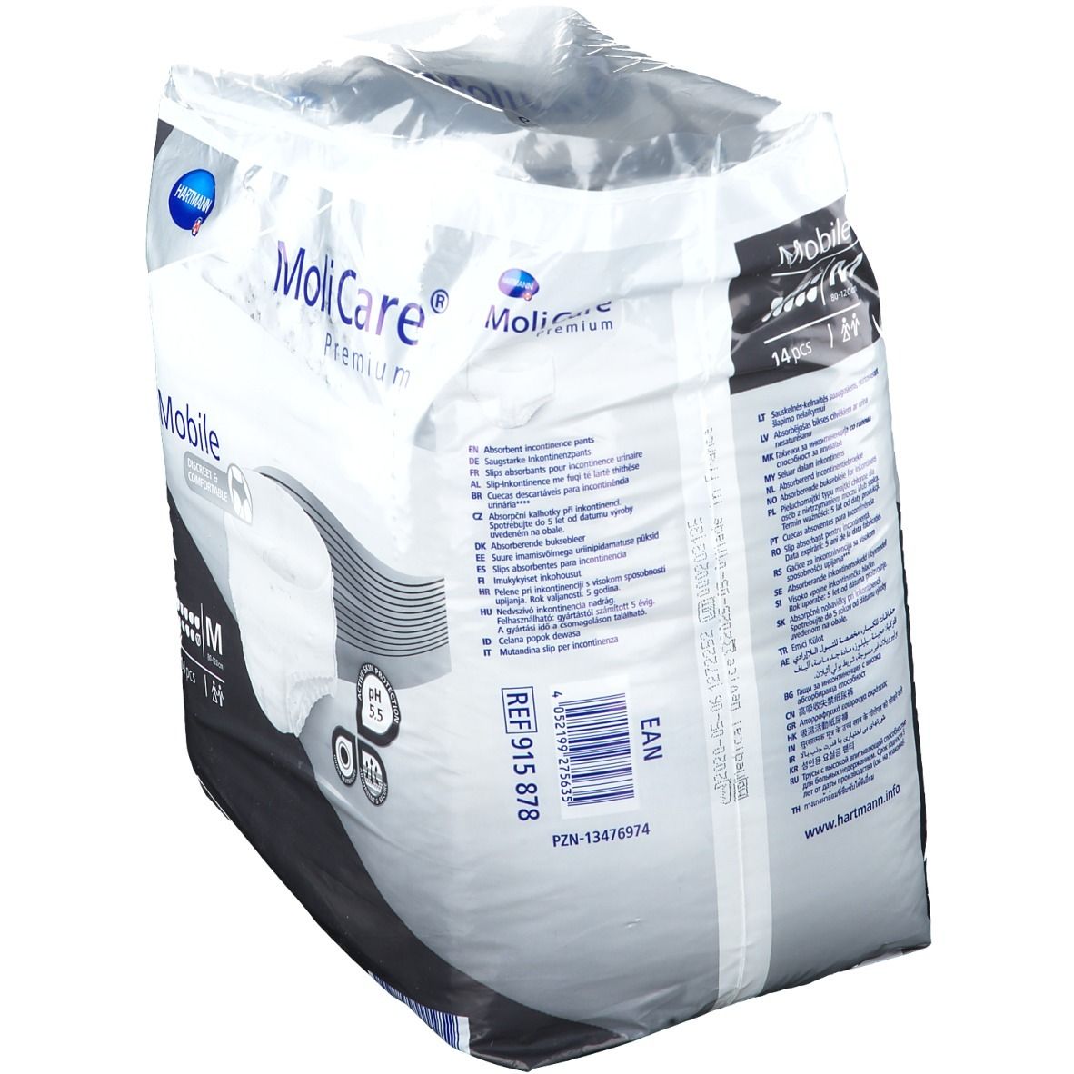 Confezione MoliCare Mobile. Marchio Hartmann. Nome prodotto Mobile. Taglia M. Contenuto: 14 pezzi. Codice EAN e informazioni.