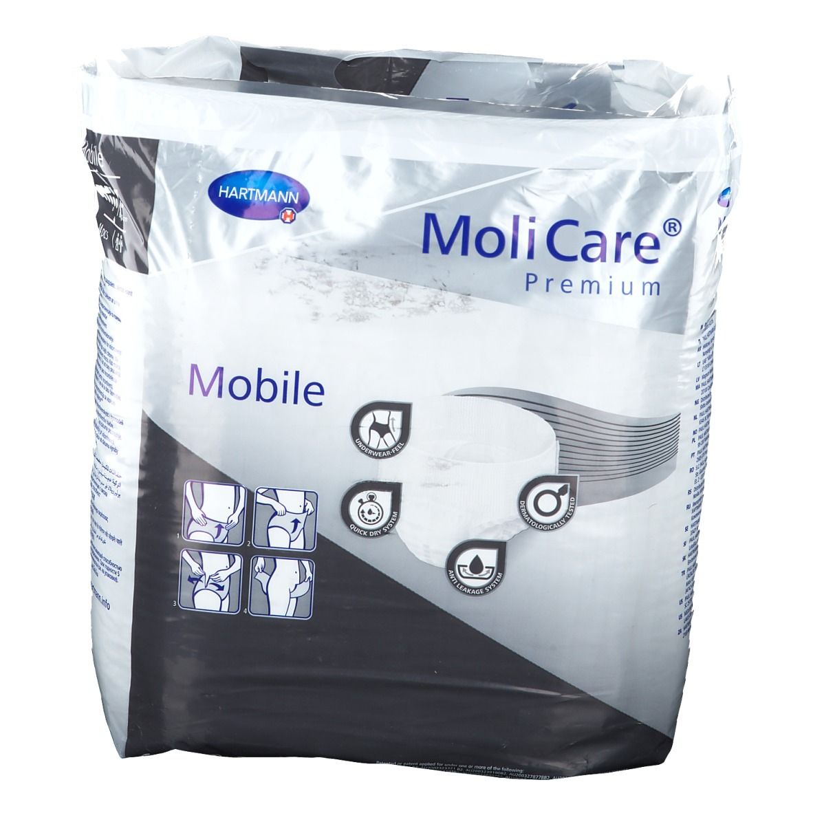 Confezione MoliCare Mobile. Marchio Hartmann. Nome prodotto Mobile. Illustrazioni: utilizzo, traspirabilità, controllo odori.