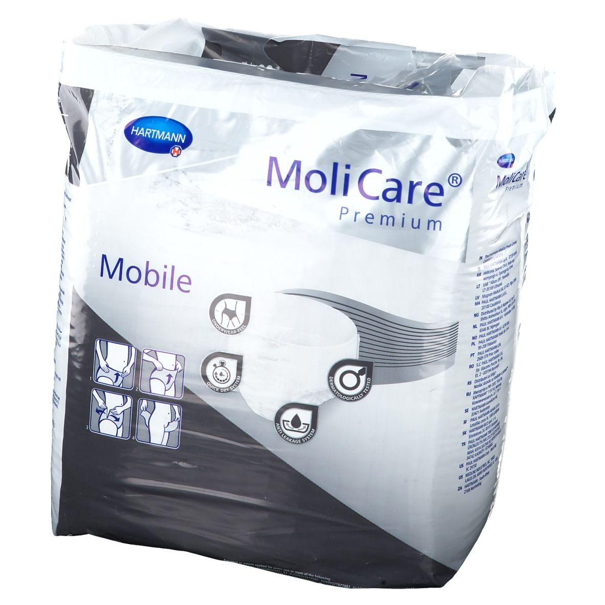 Confezione MoliCare Mobile. Marchio Hartmann. Nome prodotto Mobile. Illustrazioni: utilizzo, traspirabilità, controllo odori.