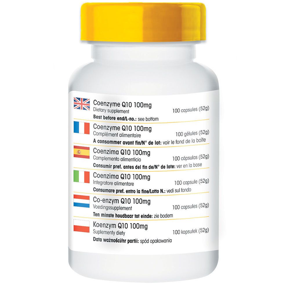 Retro del flacone bianco con tappo giallo. Elenco multilingue: Co-Enzyme Q10 100mg. 100 capsule. Bandiere.