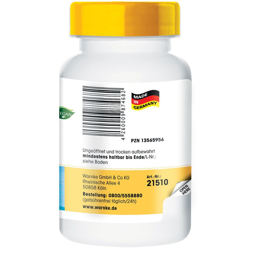 Retro del flacone bianco con tappo giallo. Codice a barre. Scritta: Made in Germany. Warnke GmbH & Co KG. PZN 13565956.