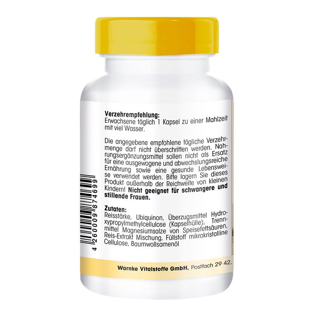 Retro di un flacone bianco con tappo giallo. Testo: Raccomandazioni per l'uso, ingredienti, Warnke Vitalstoffe GmbH.