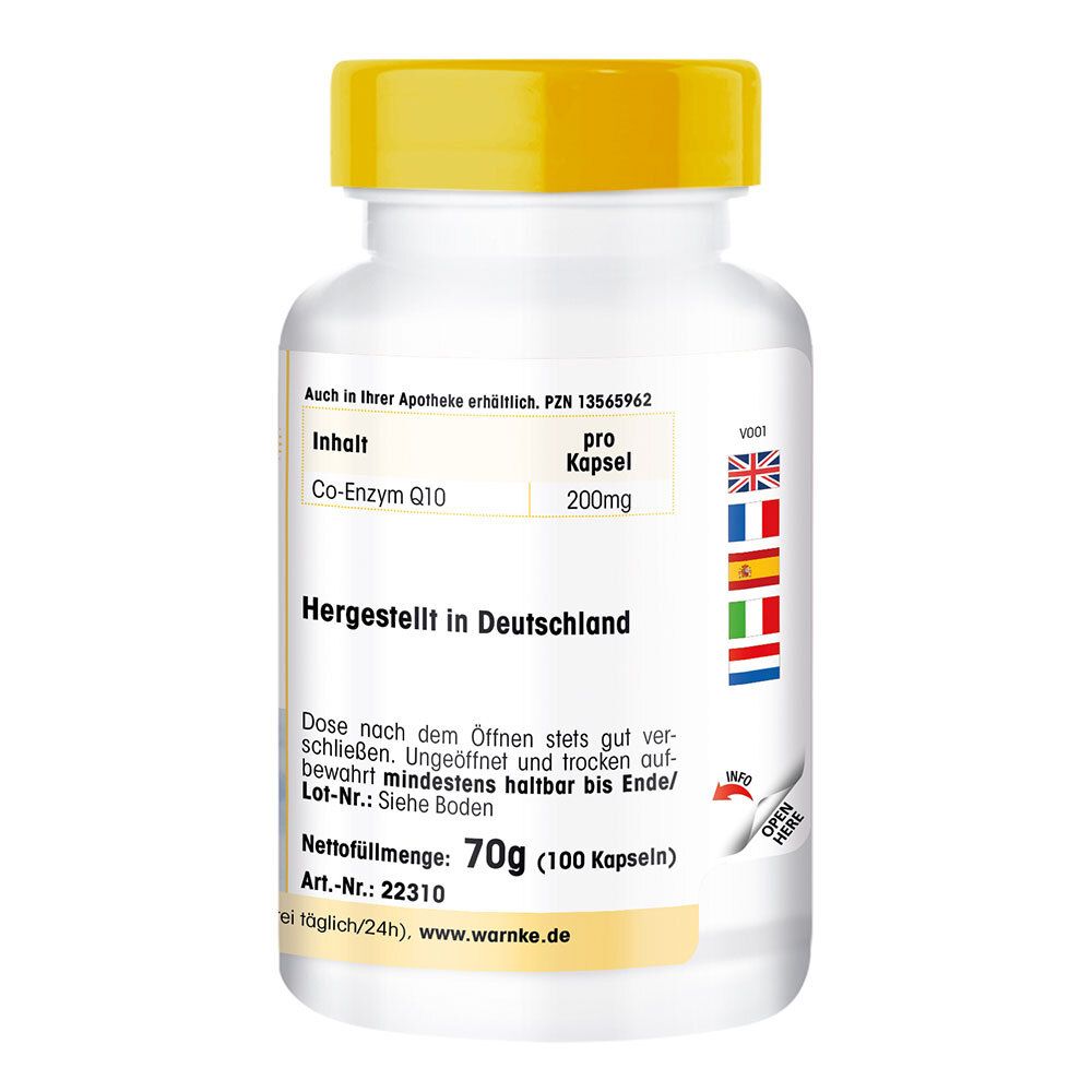 Retro di un flacone bianco con tappo giallo. Testo: Co-Enzima Q10 200mg, prodotto in Germania, 70g (100 capsule).