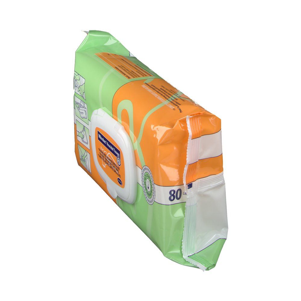 Confezione di salviette virucide Mikrobac®. Pellicola verde-arancio con coperchio bianco. Stampe: nome del prodotto, pittogrammi, certificazione.