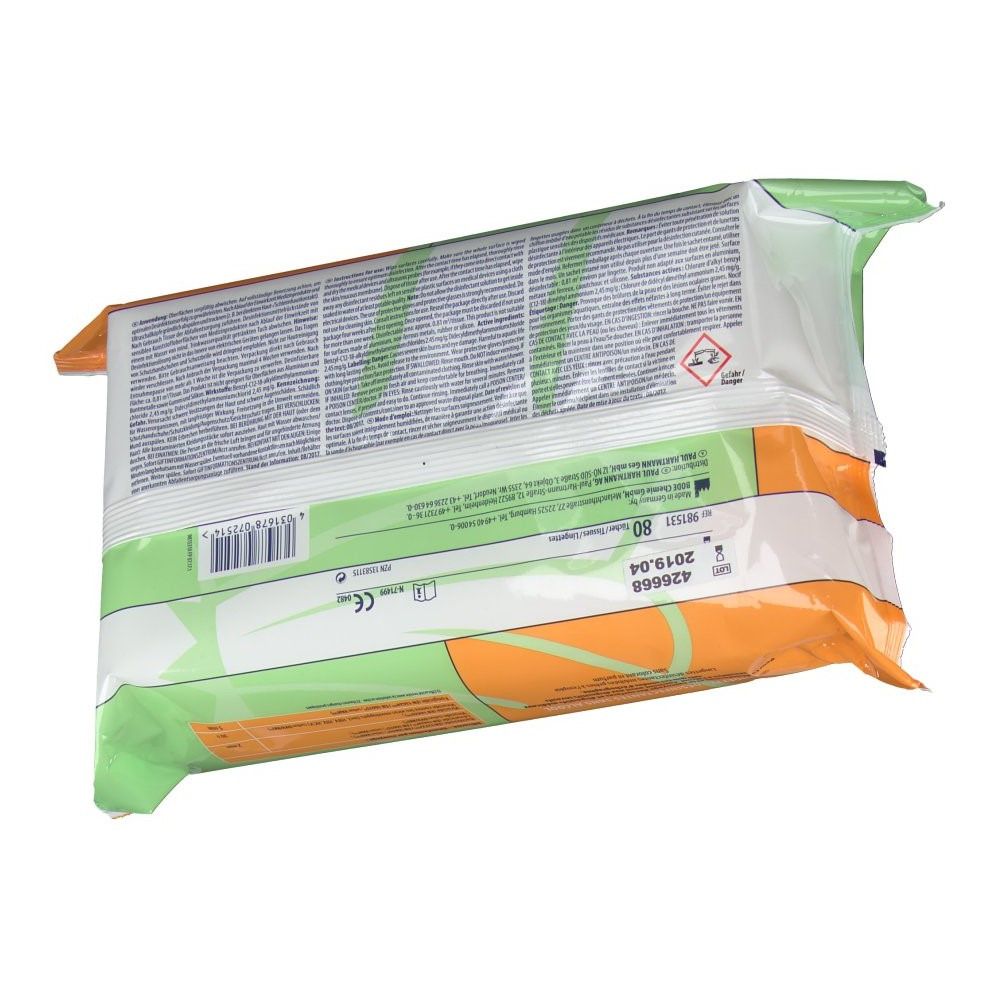 Retro della confezione di salviette virucide Mikrobac®. Pellicola verde-arancio. Stampe: informazioni sul prodotto, numero di lotto, avvertenze.