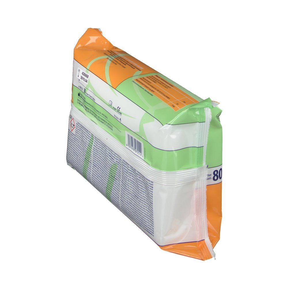 Confezione di salviette virucide Mikrobac®. Pellicola verde-arancio. Stampe: informazioni sul prodotto, numero di lotto, avvertenze.