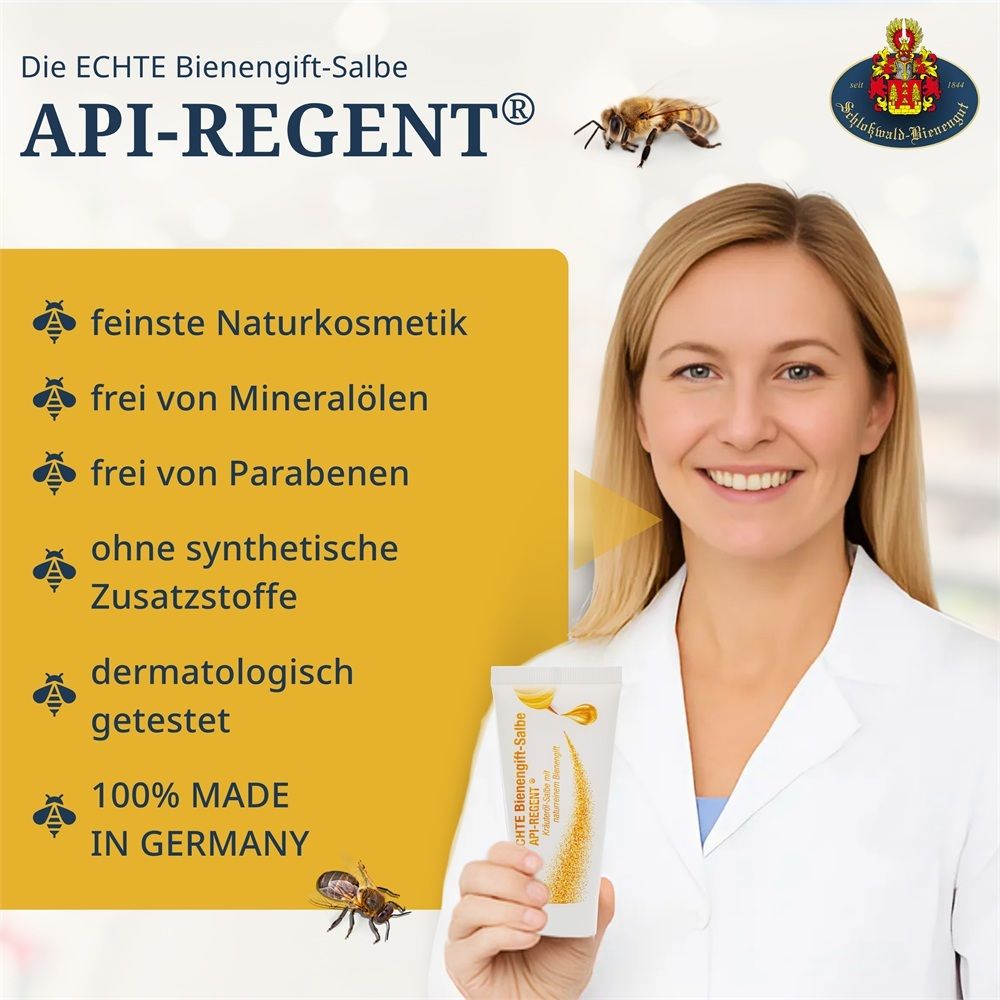 Donna in camice bianco tiene un tubo di unguento al veleno d'api API-REGENT. Scatola gialla con punti elenco su ingredienti e qualità.