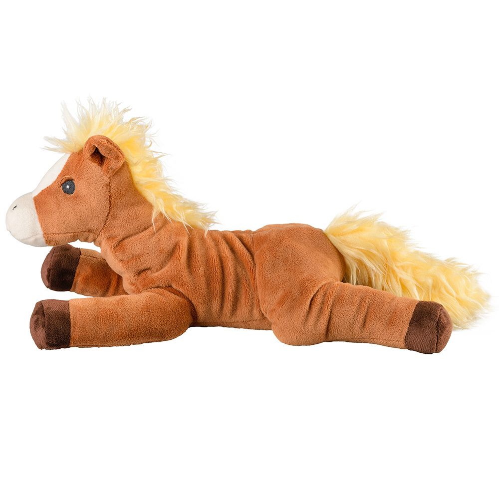 Peluche pony marrone con criniera e coda chiare. Posizione sdraiata, zoccoli e occhi scuri. Vista laterale.