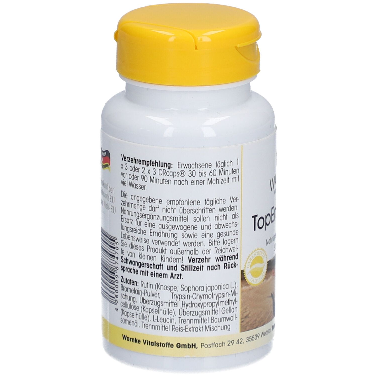 Retro del flacone bianco con tappo giallo. Testo sulle raccomandazioni d'uso e sugli ingredienti.