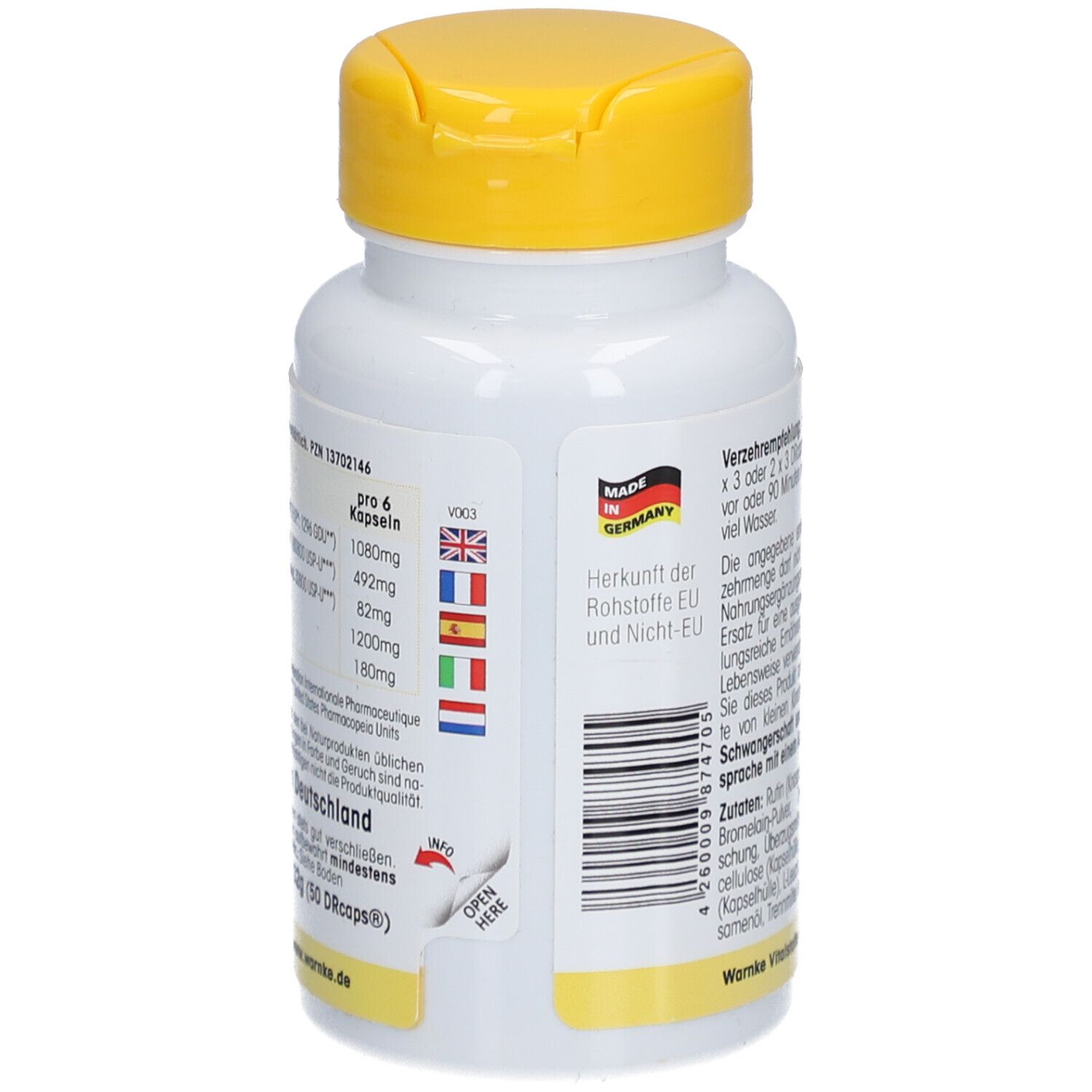 Retro del flacone bianco con tappo giallo. Testo e bandiere. Prodotto in Germania.