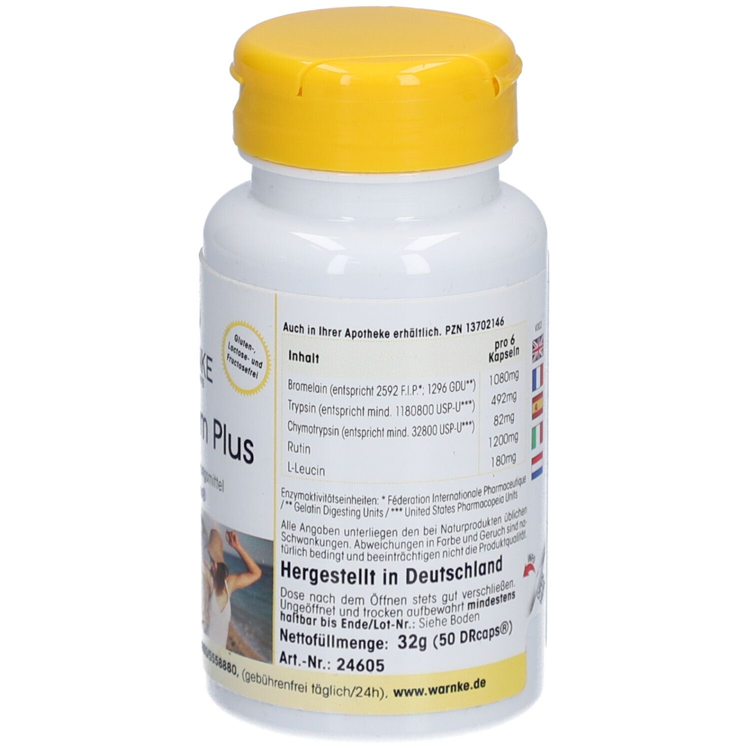 Flacone bianco con tappo giallo. Scritta: Warnke TopEnzym Plus. Integratore alimentare. 50 DRcaps. Prodotto in Germania.