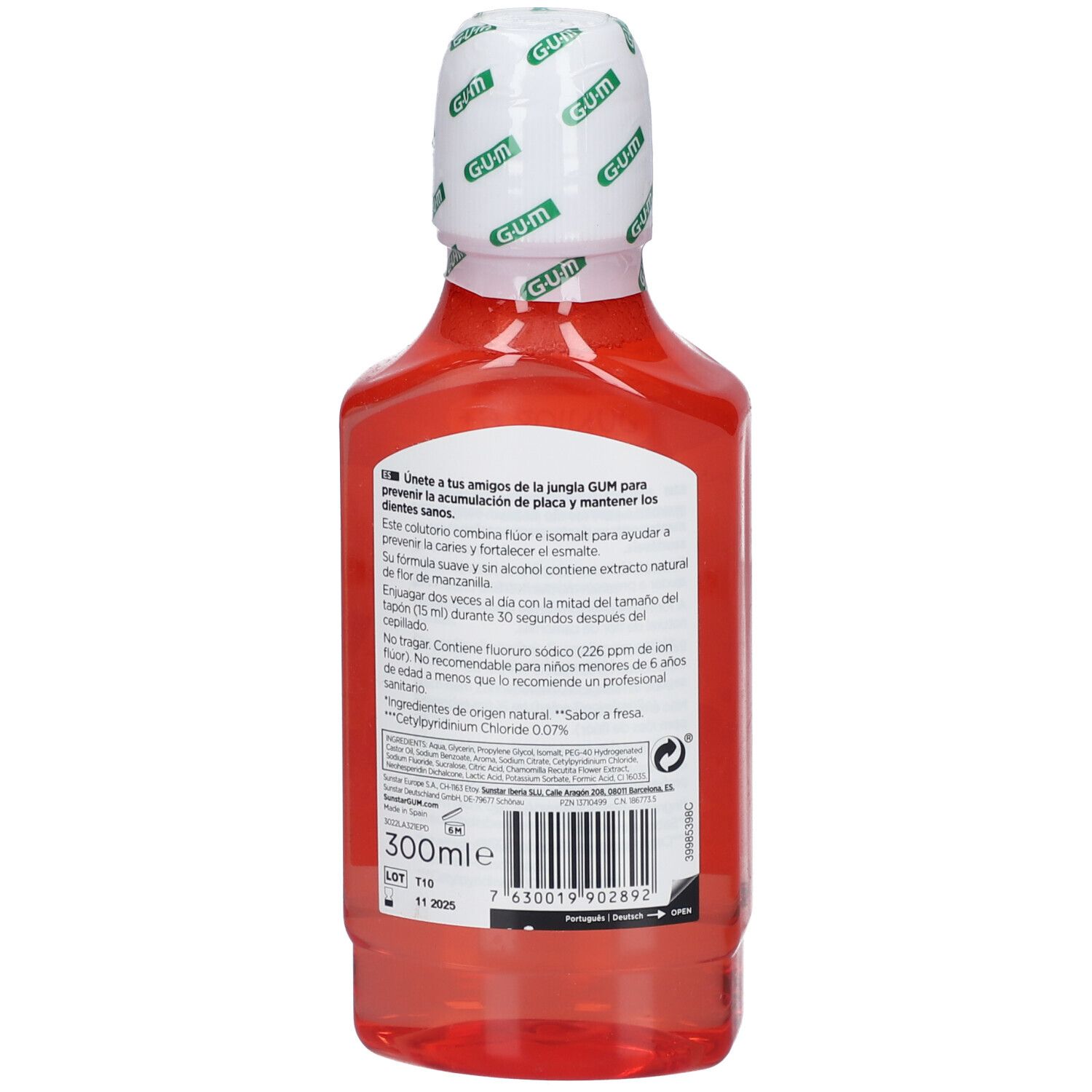 Liquido rosso in bottiglia con tappo bianco. Retro con testo.