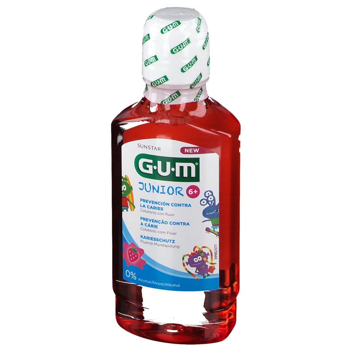 Liquido rosso in bottiglia con tappo bianco. Scritta: GUM Junior 6+ Collutorio.