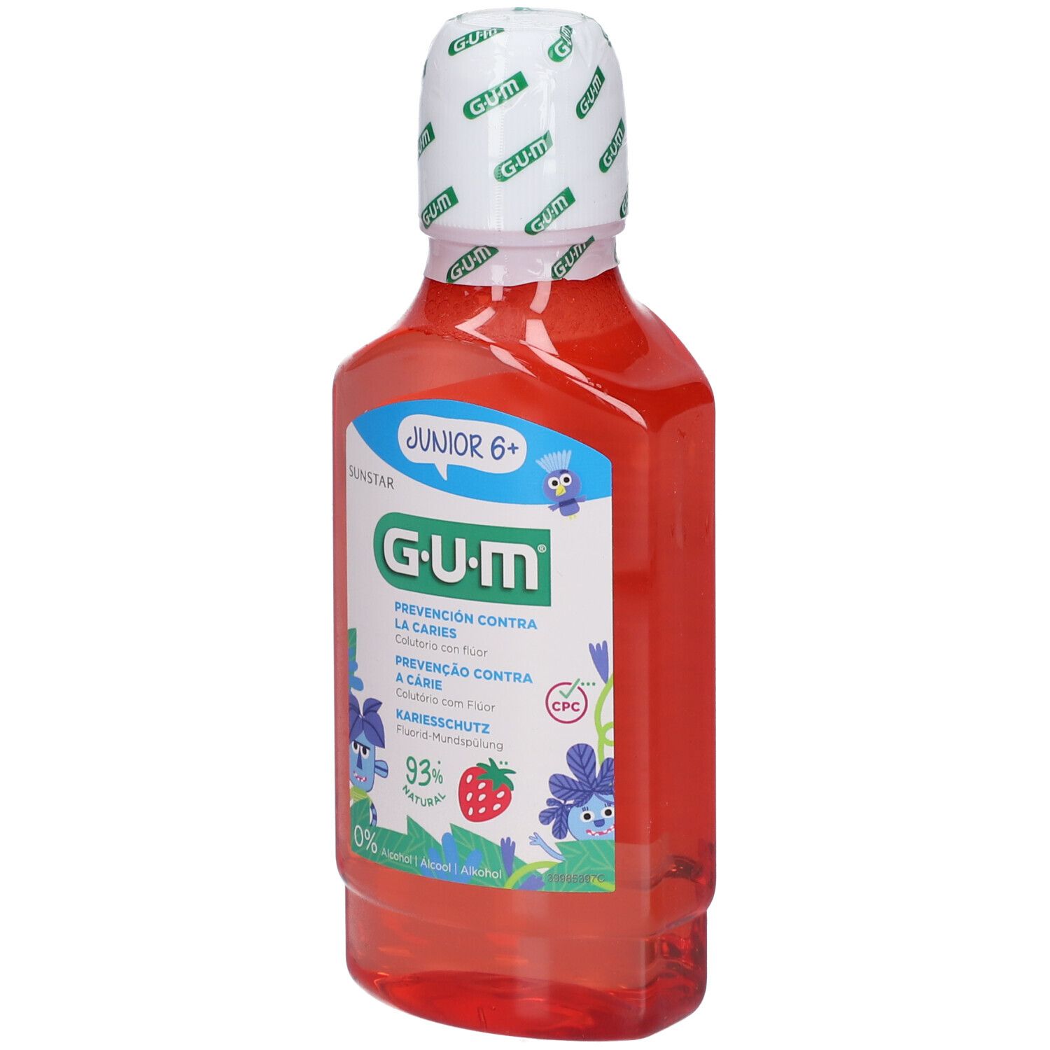 Liquido rosso in bottiglia con tappo bianco. Scritta: GUM Junior 6+ Collutorio.