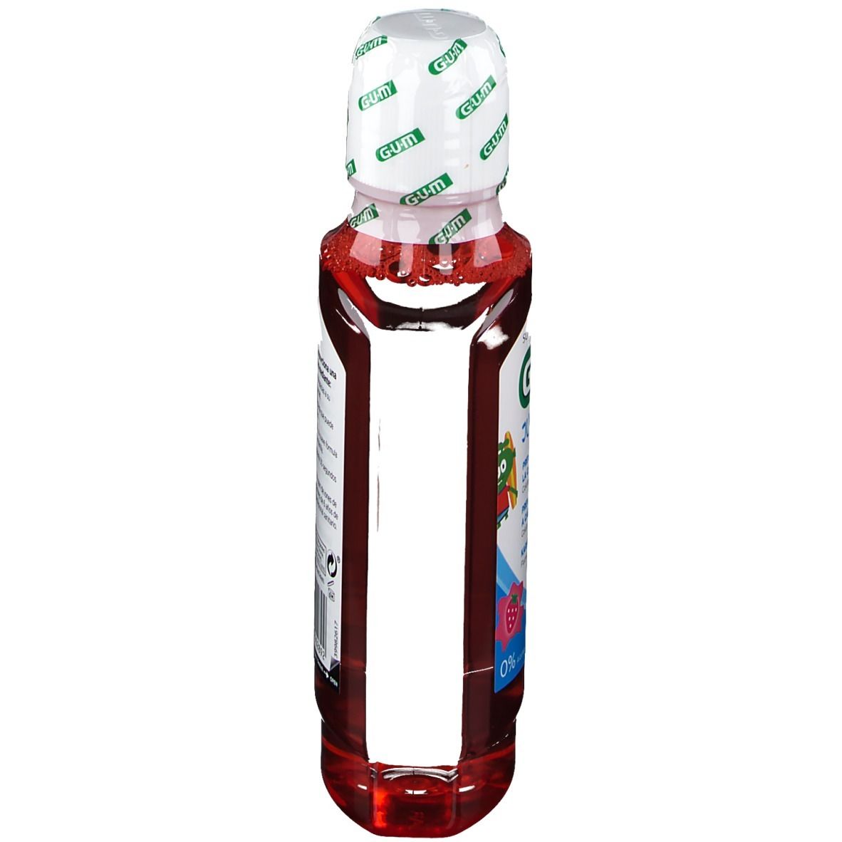 Liquido rosso in bottiglia con tappo bianco. Vista laterale con testo.