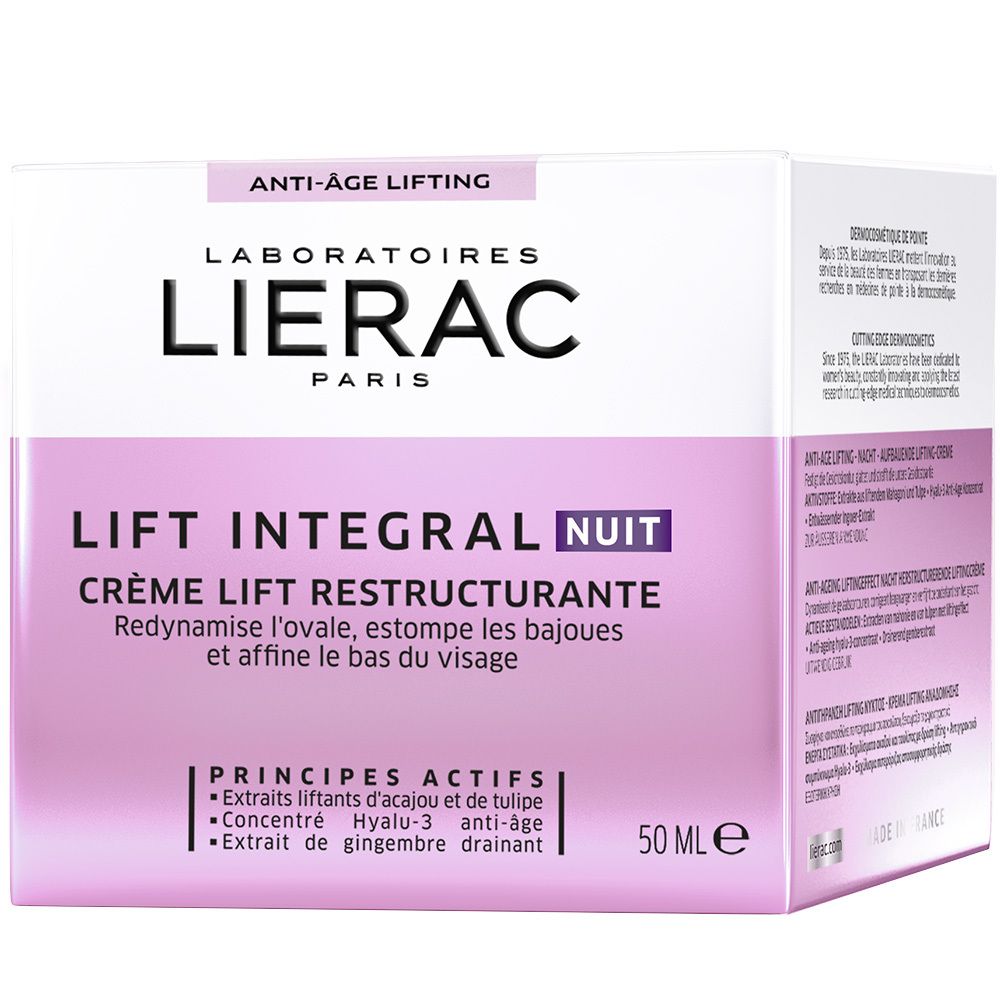 Confezione con scritta: Lierac Paris, Lift Integral Nuit, Crème Lift Restructurante. Contiene 50 ml.