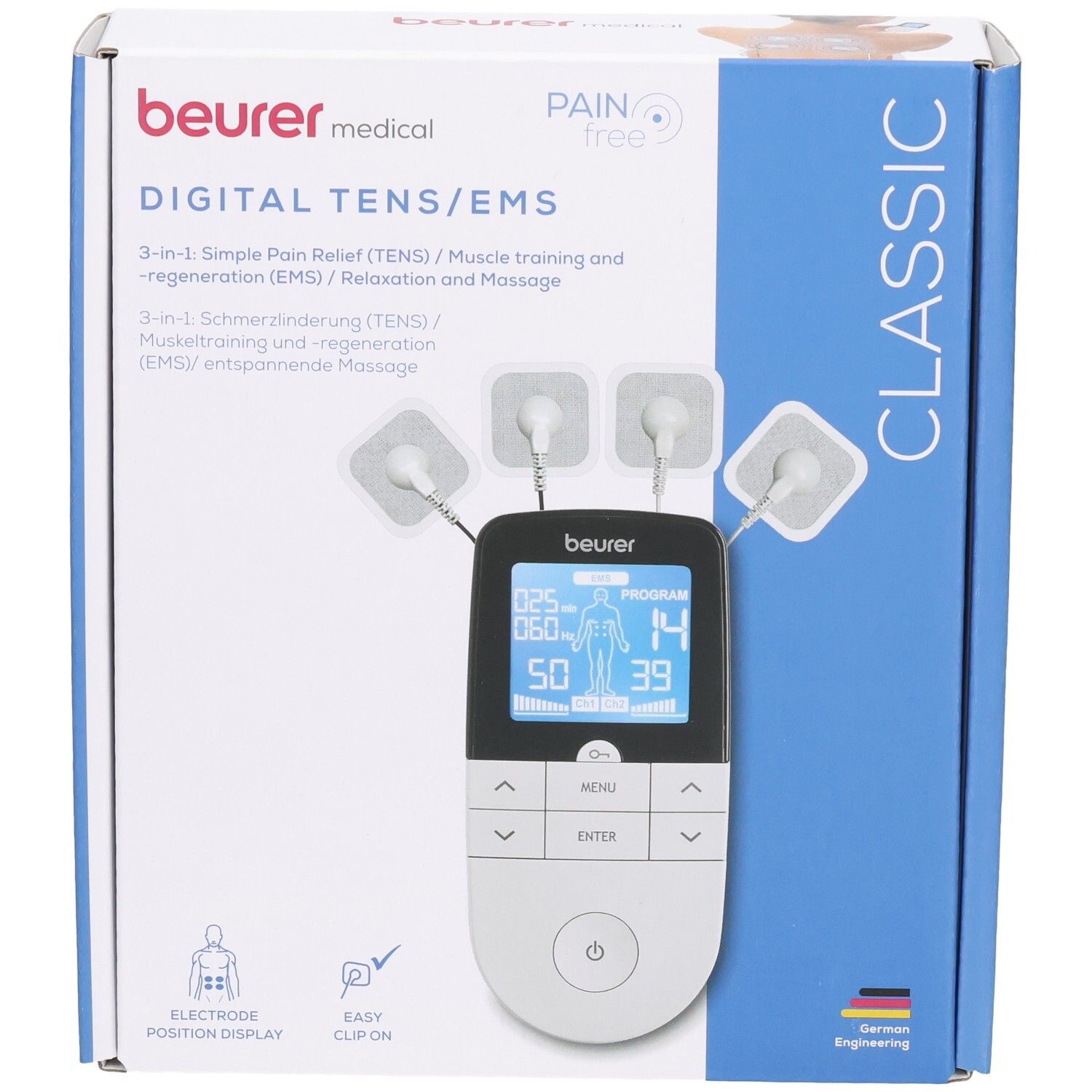 Confezione Beurer EM 49 Digital TENS/EMS con elettrodi e display.