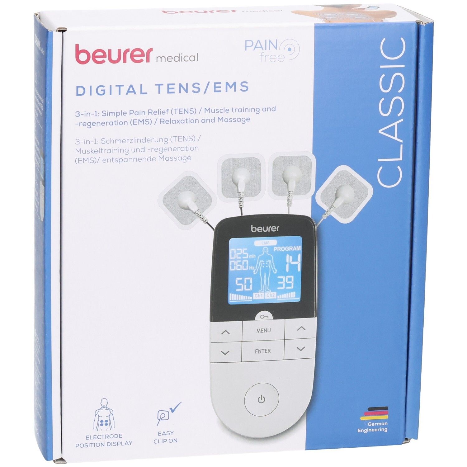 Confezione Beurer EM 49 Digital TENS/EMS con elettrodi e display.