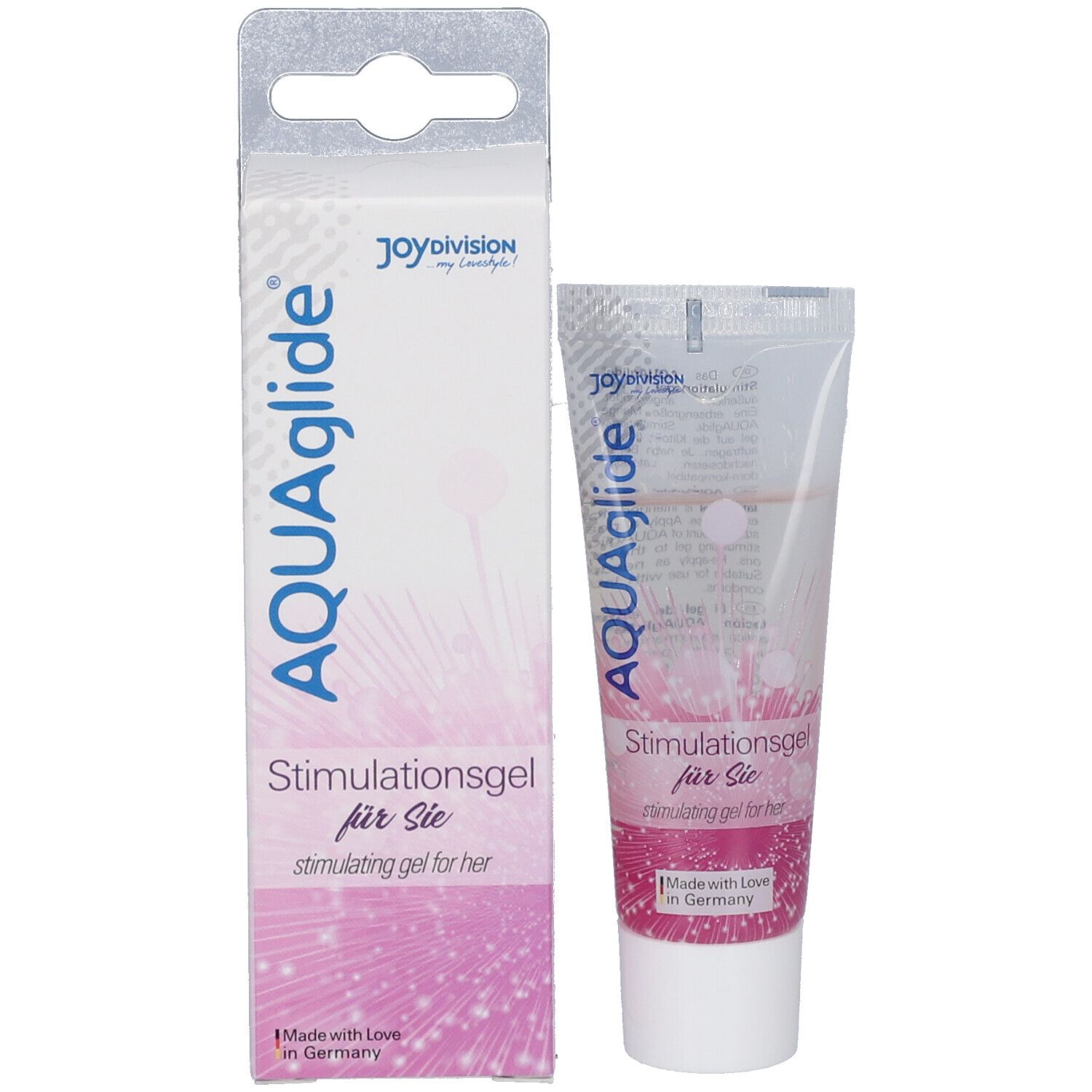 AQUAglide Stimulationsgel con confezione. Tubo e scatola. Rosa e bianco.