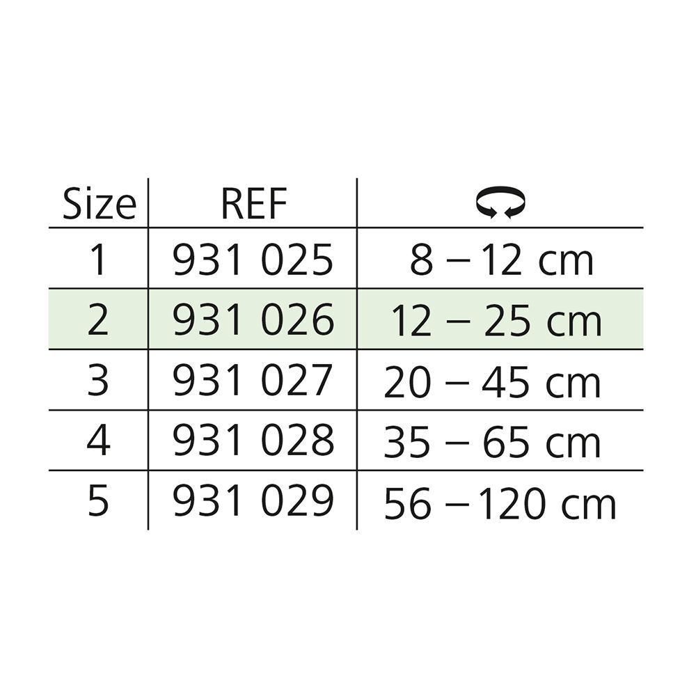 Tabella taglie per bendaggio tubulare. Taglie 1-5, riferimenti e circonferenze in cm.