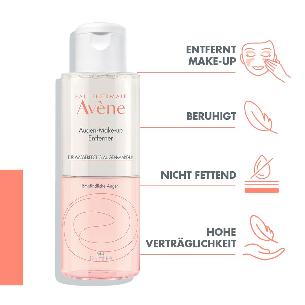 Flacone Avène. Liquido rosa. Icone: Rimuove il trucco, lenisce, non unge, alta tollerabilità. Tappo bianco.