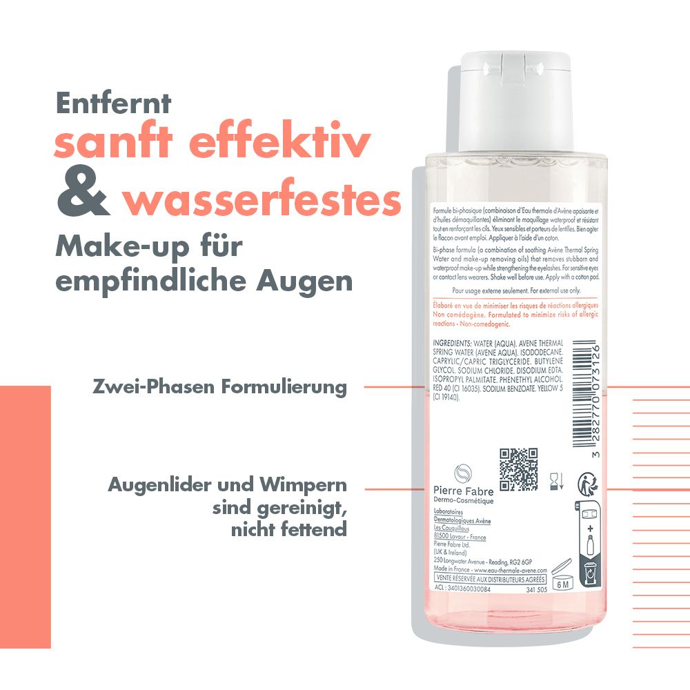 Retro flacone Avène. Testo: Rimuove trucco waterproof per occhi sensibili. Ingredienti. Codice QR.