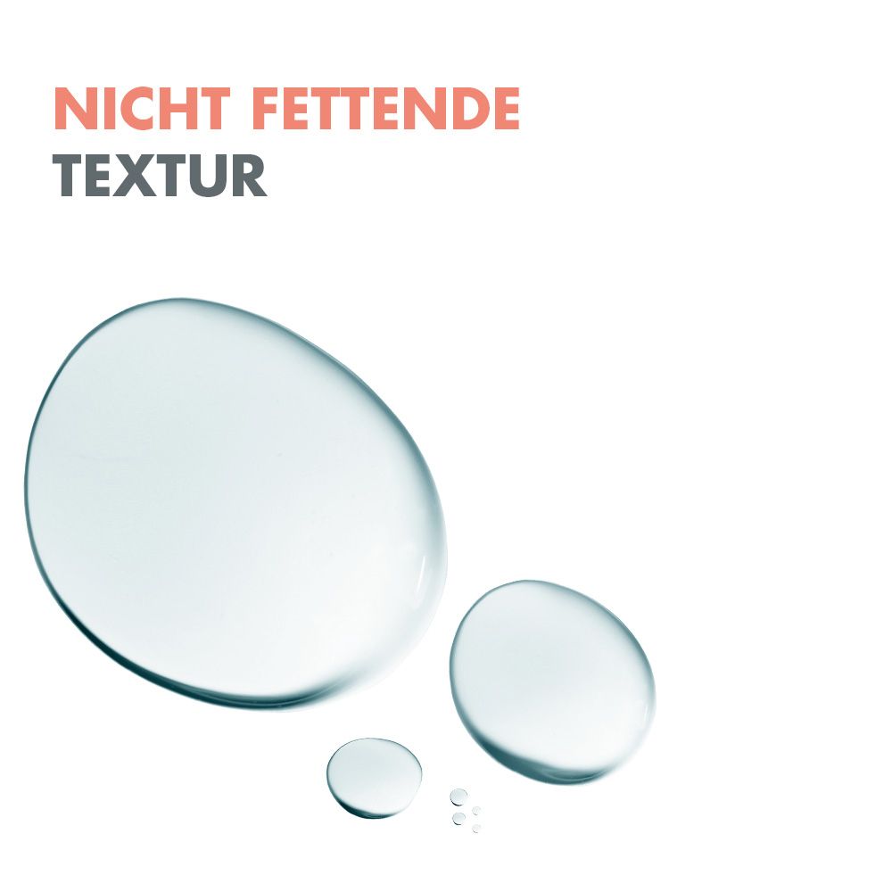 Primo piano di gocce. Testo: Texture non grassa. Gocce chiare e rotonde su sfondo bianco.
