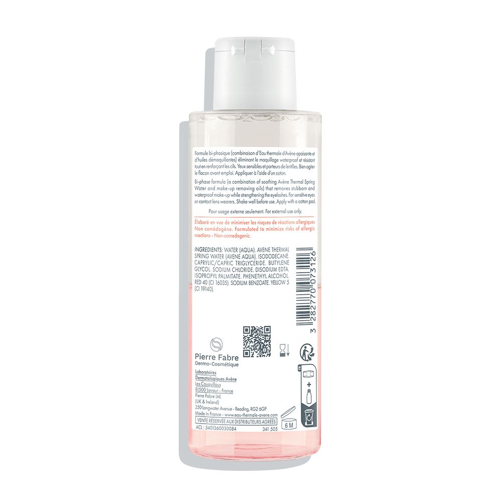 Retro flacone Avène. Testo: Ingredienti, istruzioni per l'uso, informazioni produttore, codice QR.
