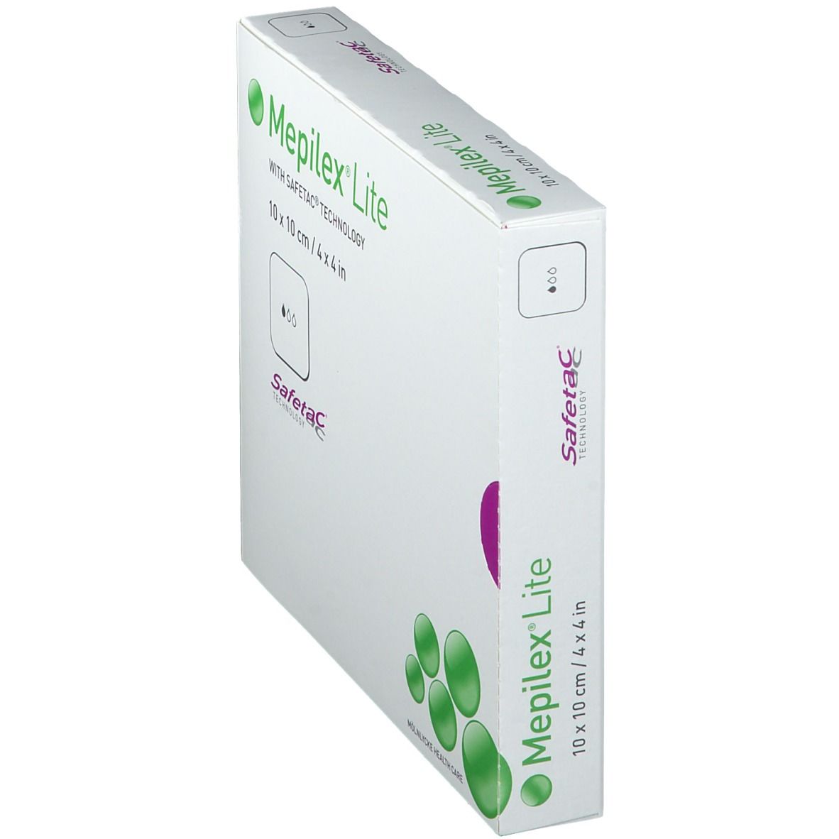 Confezione Mepilex Lite in diagonale. Scritta: 10 x 10 cm, tecnologia Safetac, cerchi verdi. Logo: Mölnlycke Health Care.