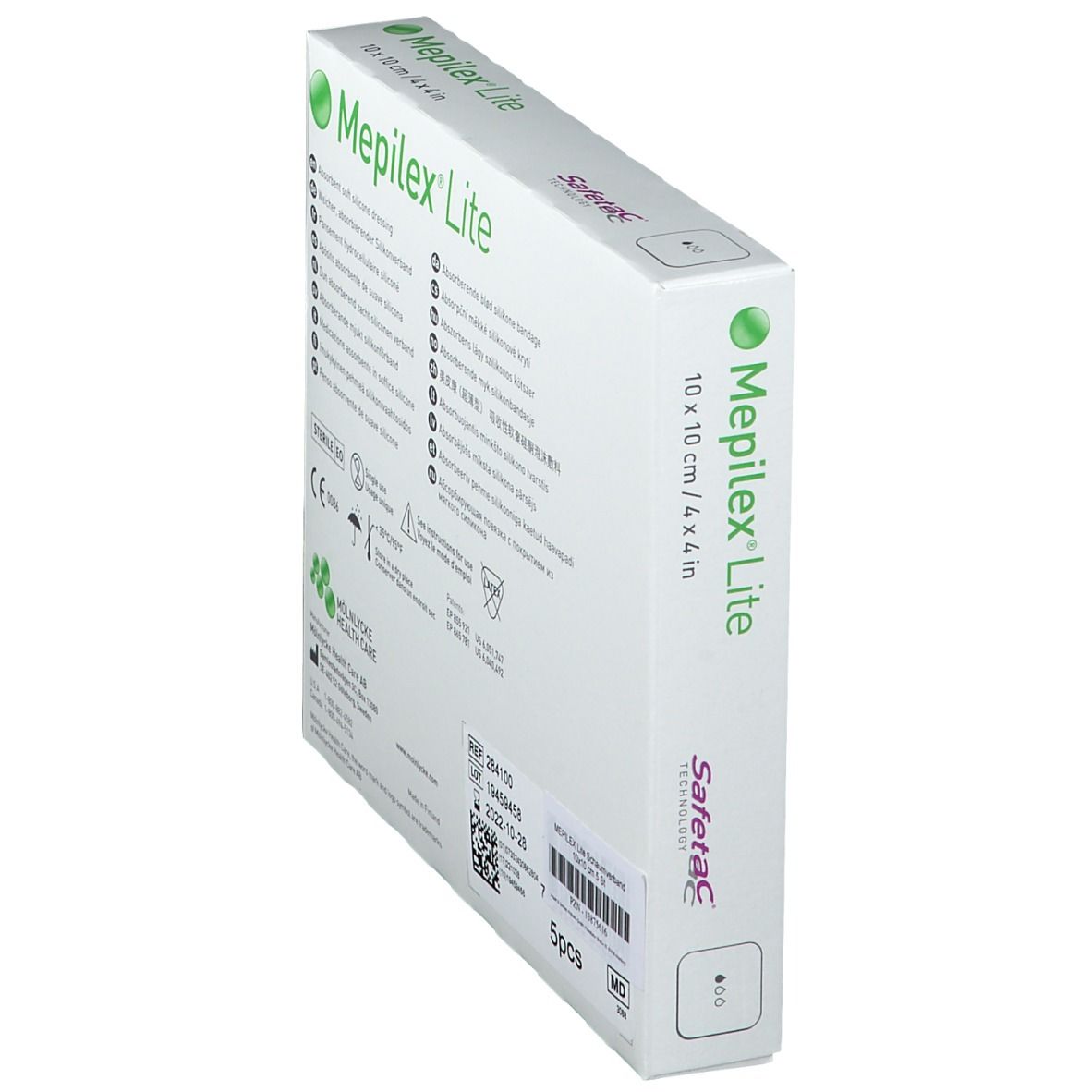 Vista angolata della confezione. Nome prodotto: Mepilex Lite. Dimensioni: 10 x 10 cm. Tecnologia Safetac. 5 pezzi.