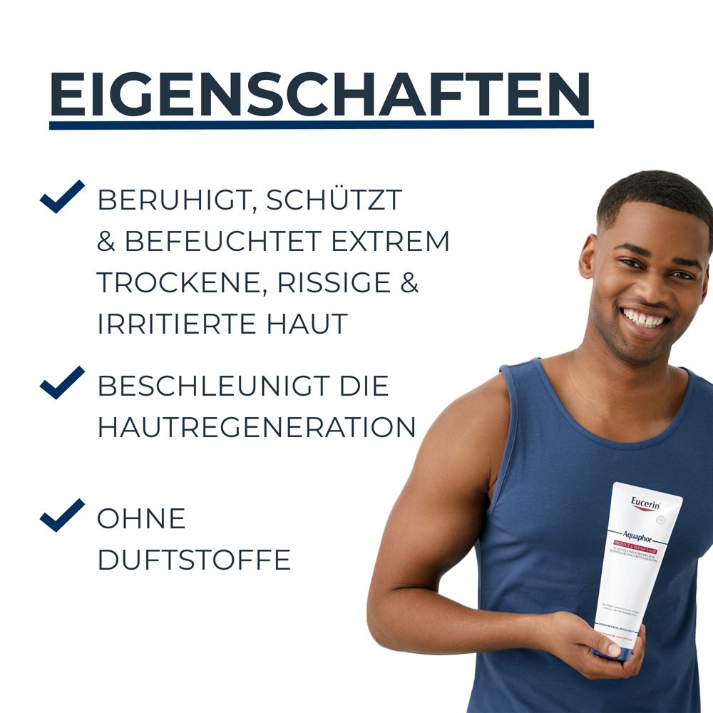 Uomo che tiene unguento Eucerin Aquaphor. Proprietà: lenisce, protegge, idrata la pelle estremamente secca. Accelera la rigenerazione della pelle. Senza profumo.