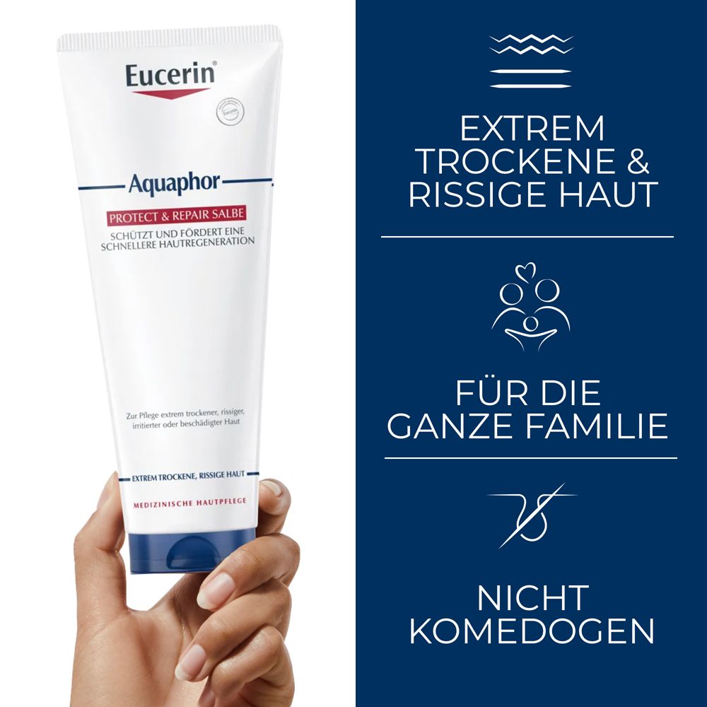 Tubo di unguento Eucerin Aquaphor in mano. Per pelle molto secca e screpolata. Per tutta la famiglia. Non comedogenico.