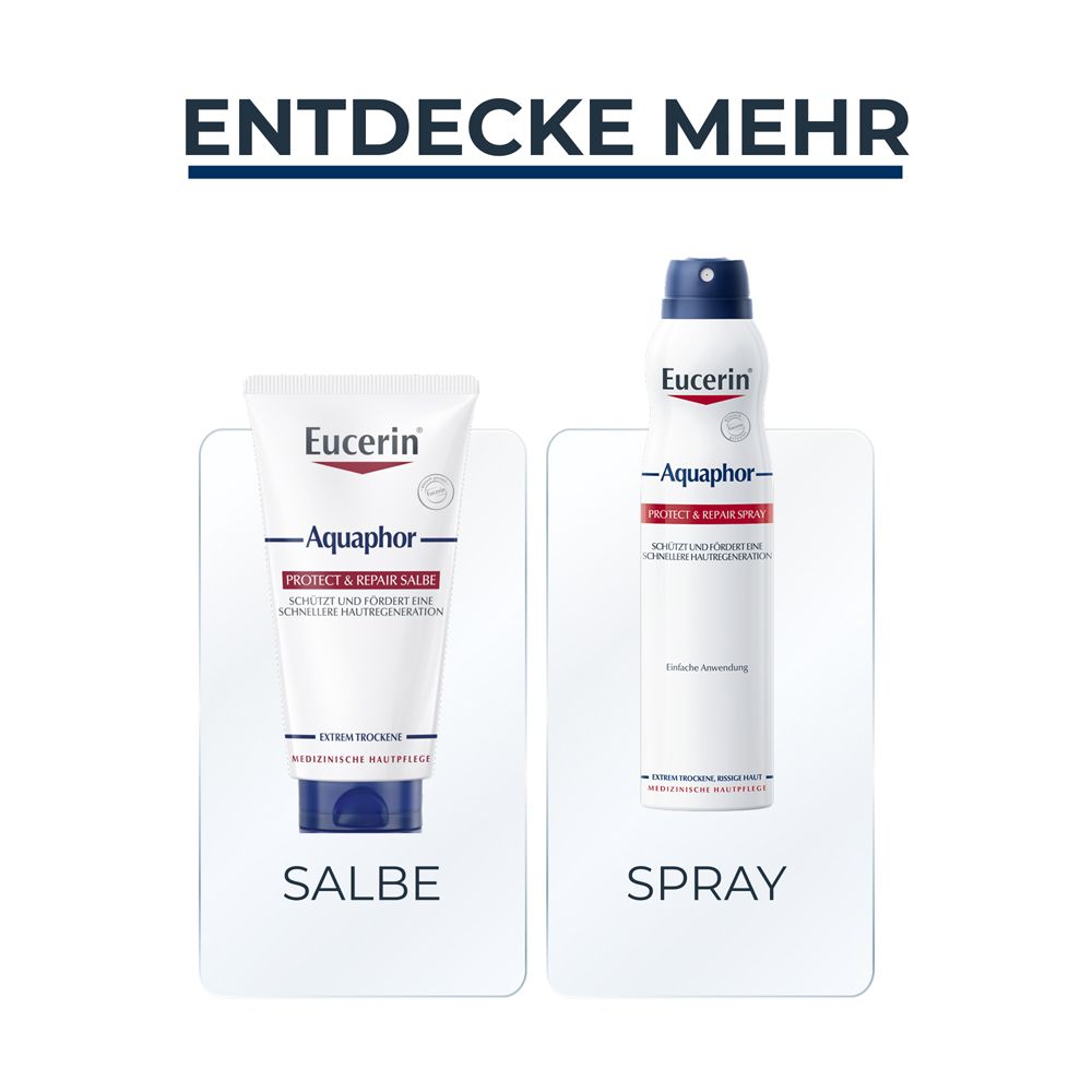 Confronto tra unguento e spray Eucerin Aquaphor. Unguento per applicazione mirata, spray per ampie aree.