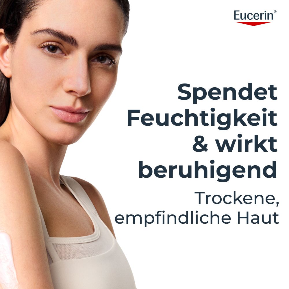 Donna con pelle liscia, logo Eucerin e testo su idratazione ed effetto lenitivo.