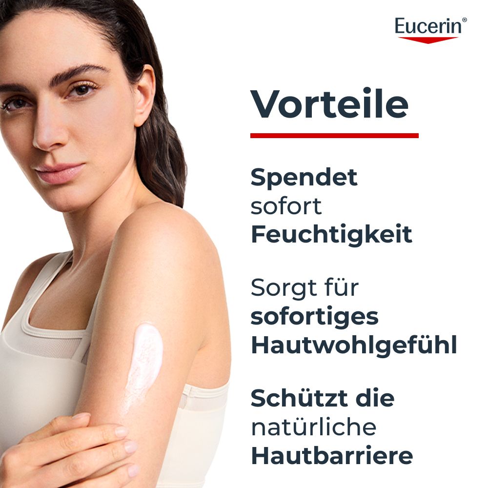 Donna con pelle liscia, logo Eucerin e testo sui benefici come l'idratazione immediata.