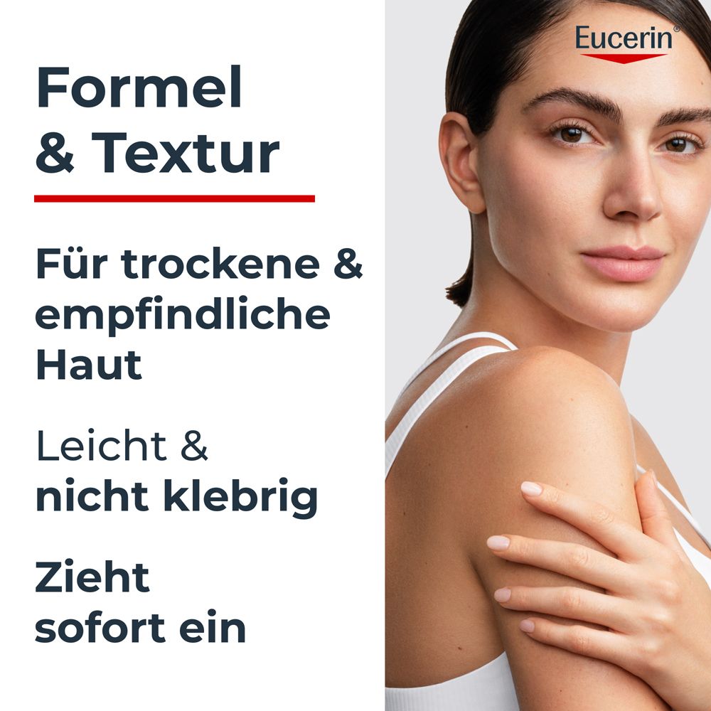 Donna con pelle liscia, logo Eucerin e testo su formula e texture per pelli secche.