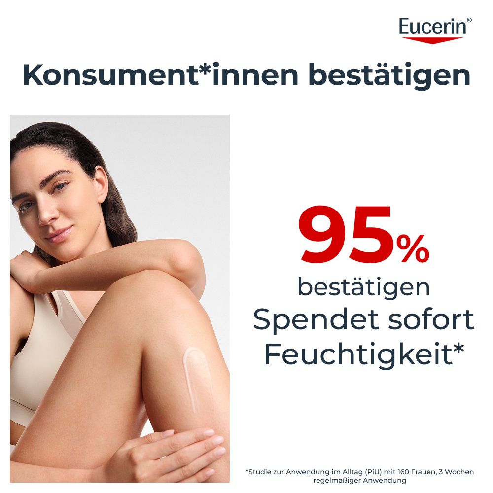 Donna con pelle liscia, logo Eucerin e testo su conferma del 95% di idratazione.