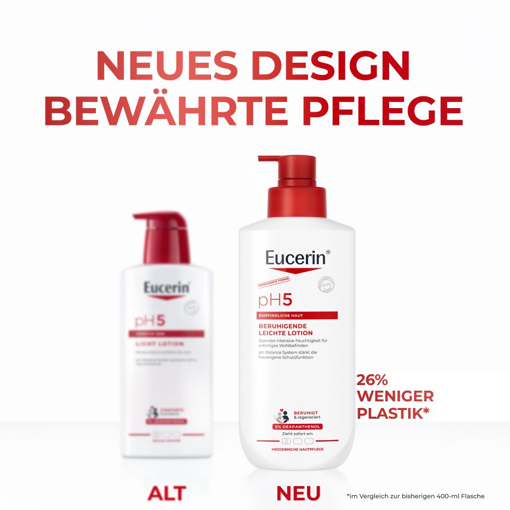 Confronto tra vecchi e nuovi imballaggi di lozione Eucerin pH5, con nota su meno plastica.