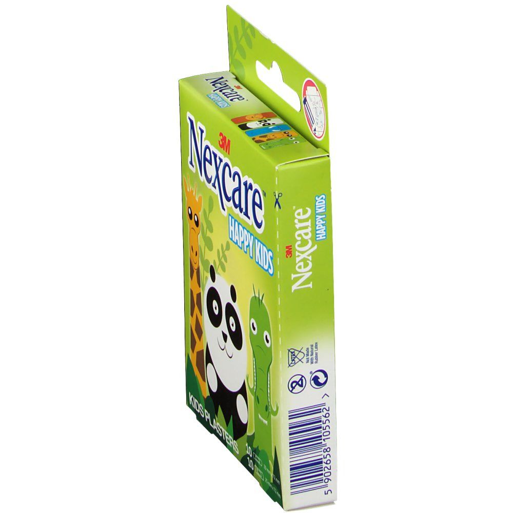 Confezione di cerotti Nexcare Happy Kids per bambini con motivi di giraffa, panda e coccodrillo.