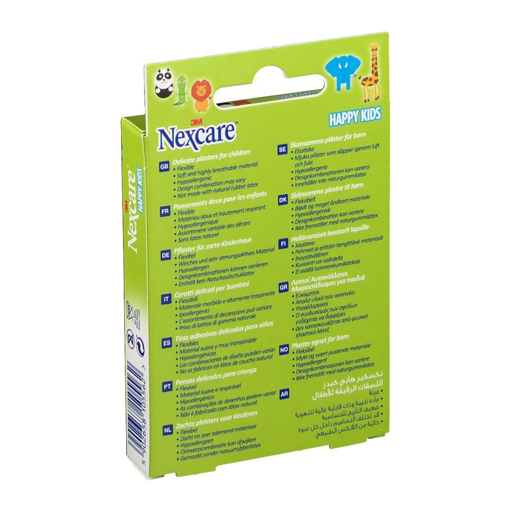 Retro di una confezione di cerotti Nexcare Happy Kids con informazioni sul prodotto in più lingue.