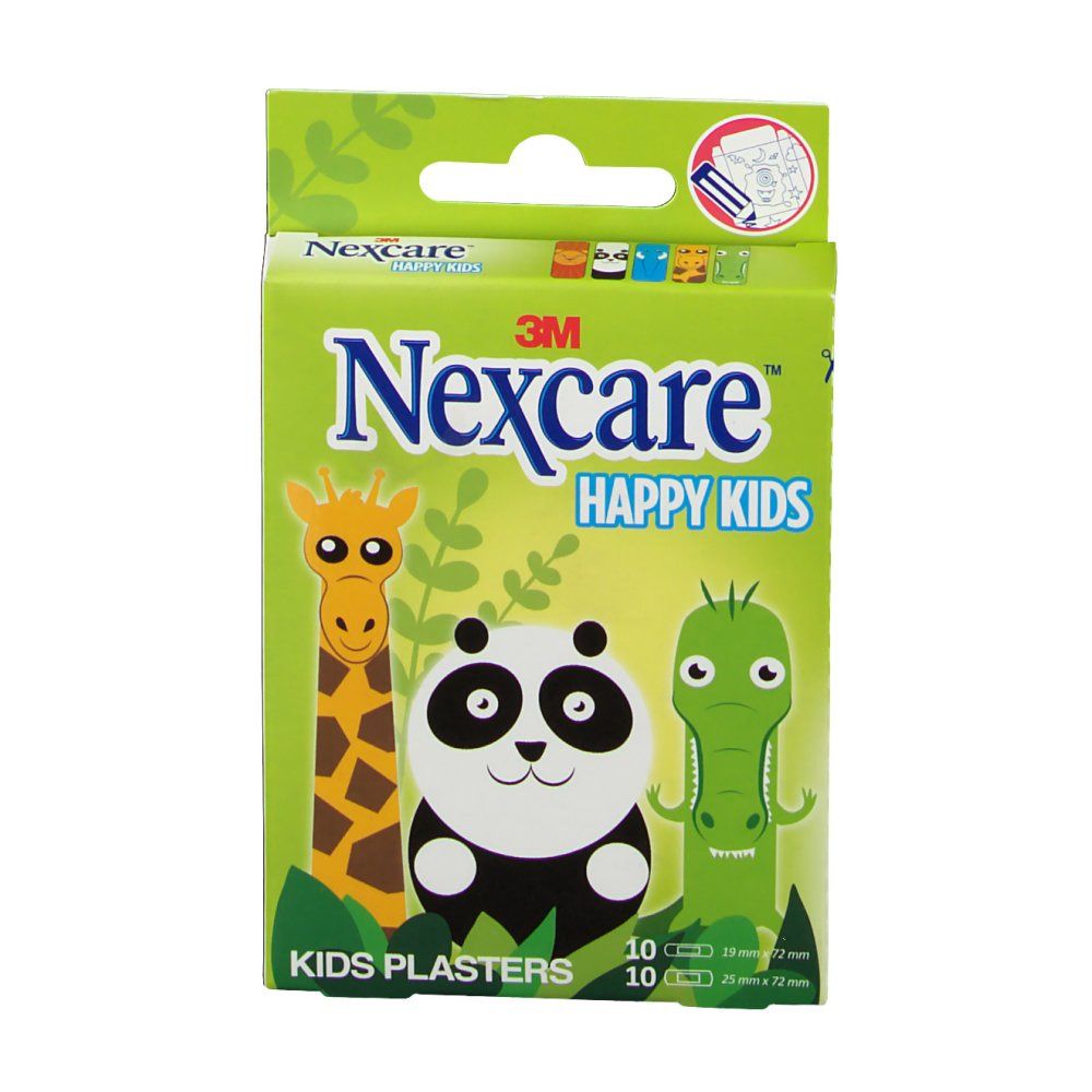 Confezione di cerotti Nexcare Happy Kids con disegni di giraffa, panda e coccodrillo.