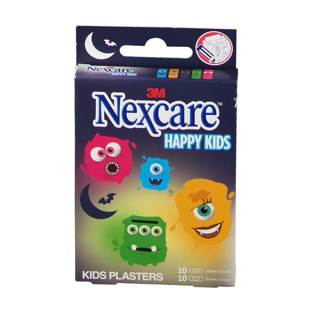 Confezione di cerotti Nexcare Happy Kids con mostri colorati e luna. Contiene 10 cerotti.