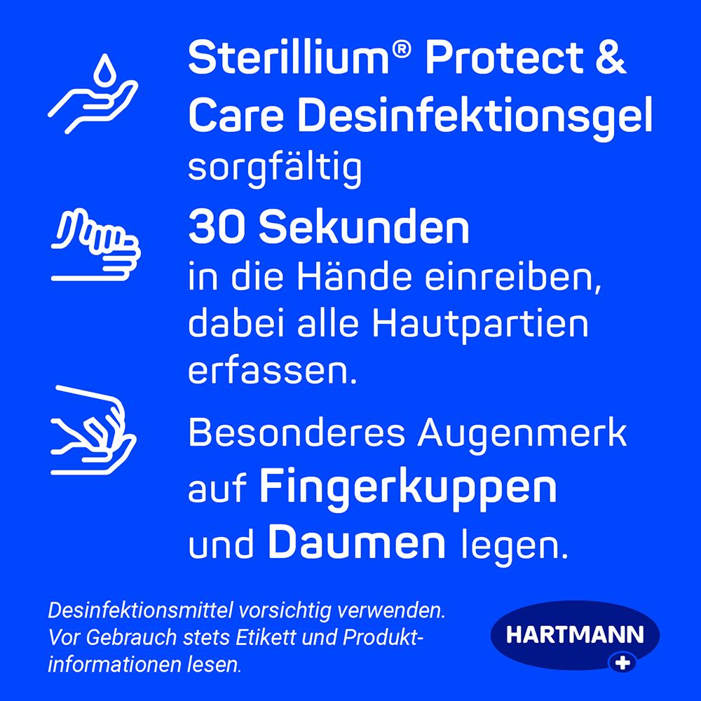 Istruzioni per l'uso: Strofinare accuratamente il gel disinfettante Sterillium® Protect & Care sulle mani. Prestare attenzione alle punte delle dita e ai pollici.