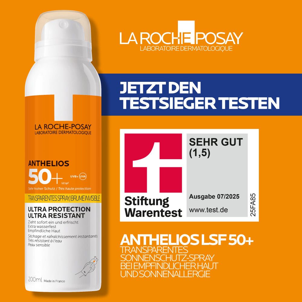 Spray La Roche Posay Anthelios SPF 50+. Vincitore del test Stiftung Warentest.