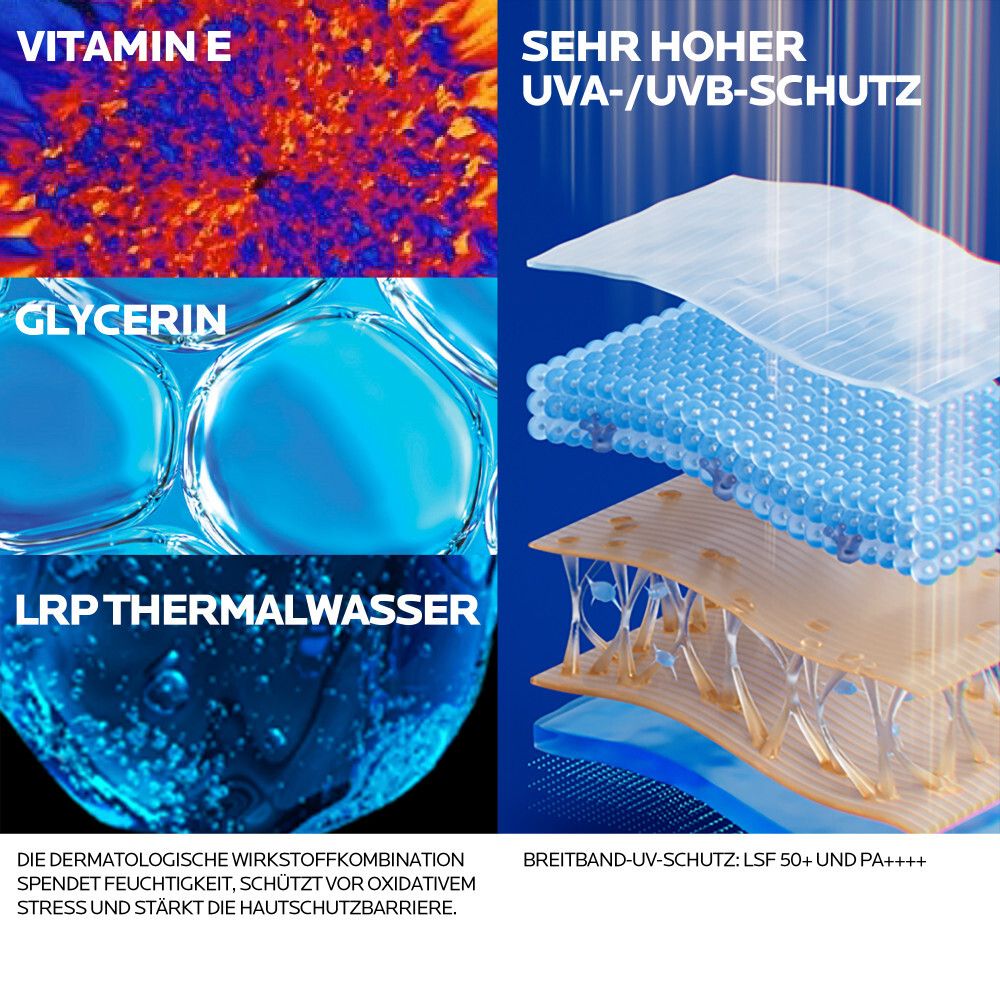 La Roche Posay Anthelios: Vitamina E, Glicerina, Acqua Termale. Alta protezione UVA/UVB.