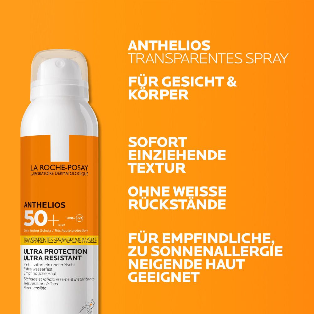 Spray La Roche Posay Anthelios Trasparente SPF 50+. Per viso e corpo.