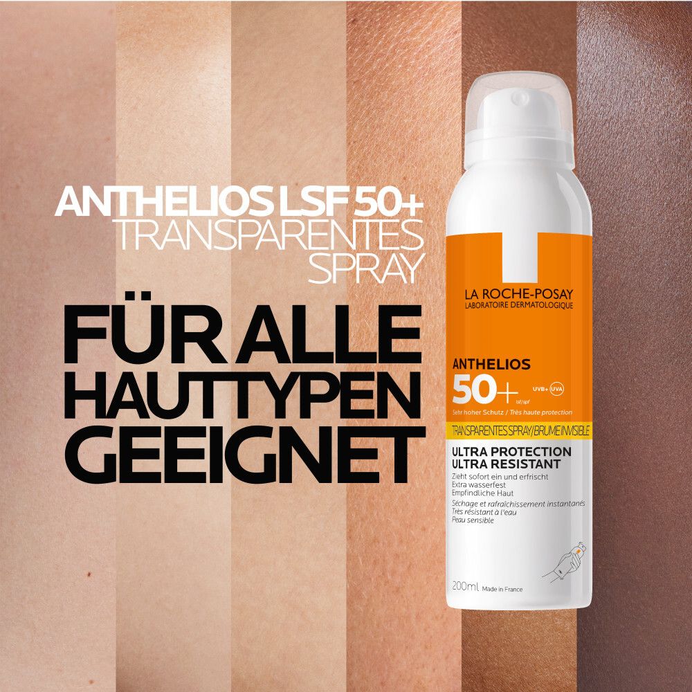 Spray La Roche Posay Anthelios SPF 50+ Trasparente. Adatto a tutti i tipi di pelle.