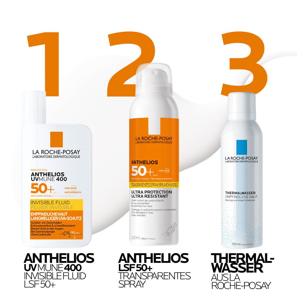 Protezione solare La Roche Posay: Fluido Invisibile Anthelios SPF 50+, Spray SPF 50+, Acqua Termale.