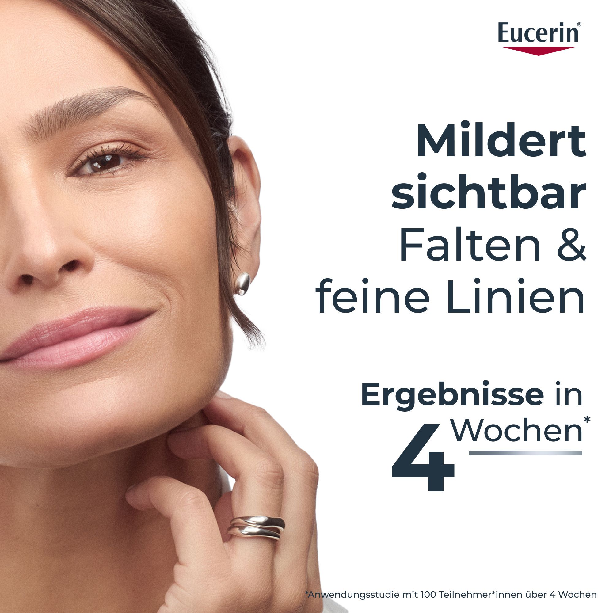 Donna con pelle liscia sorride, testo Eucerin Anti-Età.
